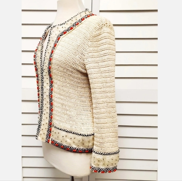 TORY BURCH Donovan Embellish Crochet Linen Jacket Sweater Cardigan. Medium. EUC - Picture 9 of 13